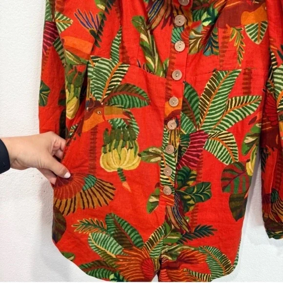 NWT Farm Rio Red Forest Birds Printed Square Long Sleeve Romper Women’s Size XS - Picture 6 of 8